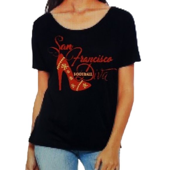 San Francisco Football Diva Black Slouchy Tee with Shiny Glitter Lettering. - Picture 1 of 3